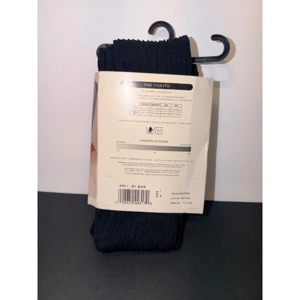 HUE Rib Tights Black 40 Denier Size 1 S/M Vintage 4999-1 Made in USA New